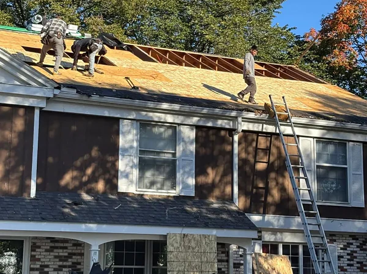 Three workers are installing plywood roofing sheets on a two-story house. A ladder leans against the roof, and construction materials are scattered on the roof. Trees with green leaves are visible in the background.